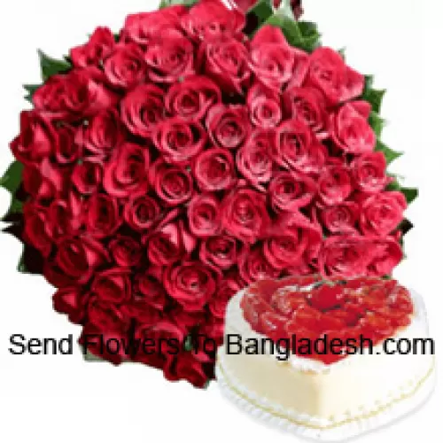 Bunch Of 100 Red Roses With Seasonal Fillers Along With 1 Kg Heart Shaped Vanilla Cake