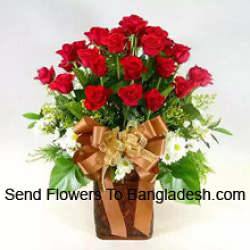 24 Red Roses And 12 White Gerberas With Seasonal Fillers In A Vase