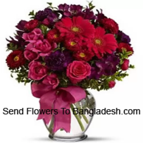 Pink Roses, Red Gerberas And Other Assorted Flowers Arranged Beautifully In A Glass Vase -- 36 Stems And Fillers