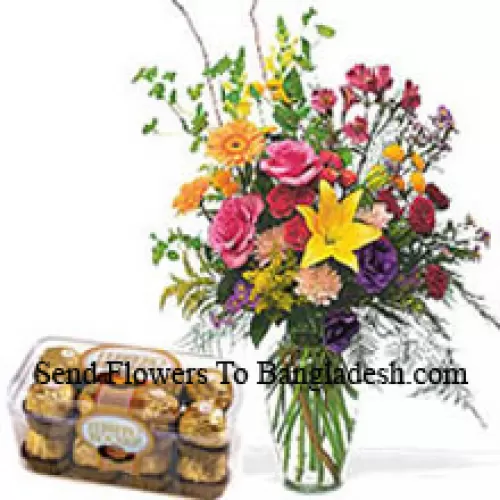 Assorted Flowers In A Vase With 16 Pcs Ferrero Rocher