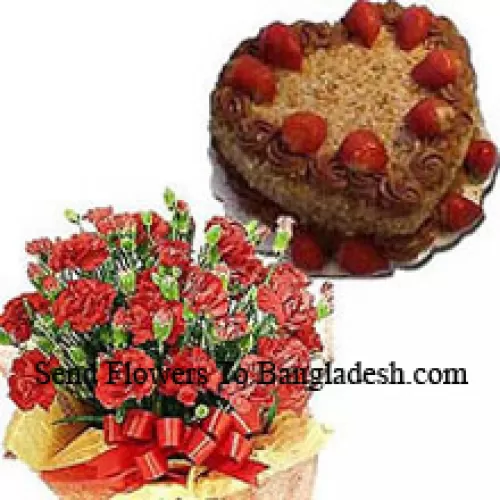 Bunch Of 24 Carnations Wtith Seasonal Fillers And A 1 Kg (2.2 Lbs) Heart Shaped Butter Scotch Cake