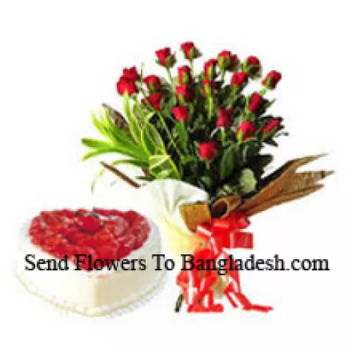 Bunch Of 24 Red Roses With 1 Kg Heart Shaped Pineapple Cake