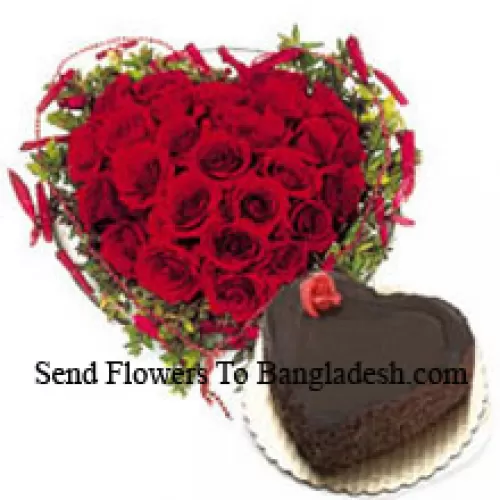 Heart Shaped Arrangement Of 40 Red Roses Along With 1 Kg Heart Shaped Chocolate Cake