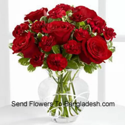 9 Red Roses And 9 Red Carnations In A Glass Vase