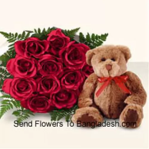 Bunch Of 12 Red Roses With A Cute Brown 8 Inches Teddy Bear