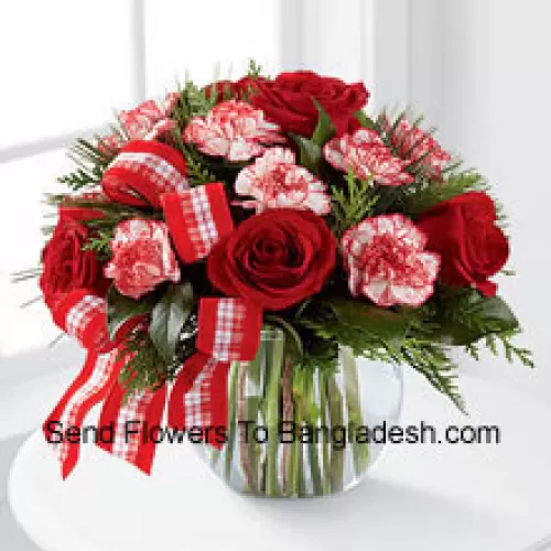 Send warm wishes and bright sentiments for a wonderful holiday season! Rich red roses and peppermint carnations are delicately arranged with holiday greens to create a festive display. Arriving in a clear glass bubble bowl and accented with a red and white plaid ribbon, this arrangement is full of seasonal sophistication. (Please Note That We Reserve The Right To Substitute Any Product With A Suitable Product Of Equal Value In Case Of Non-Availability Of A Certain Product)